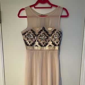 Nude Aztec Sequins Print Mini Dress